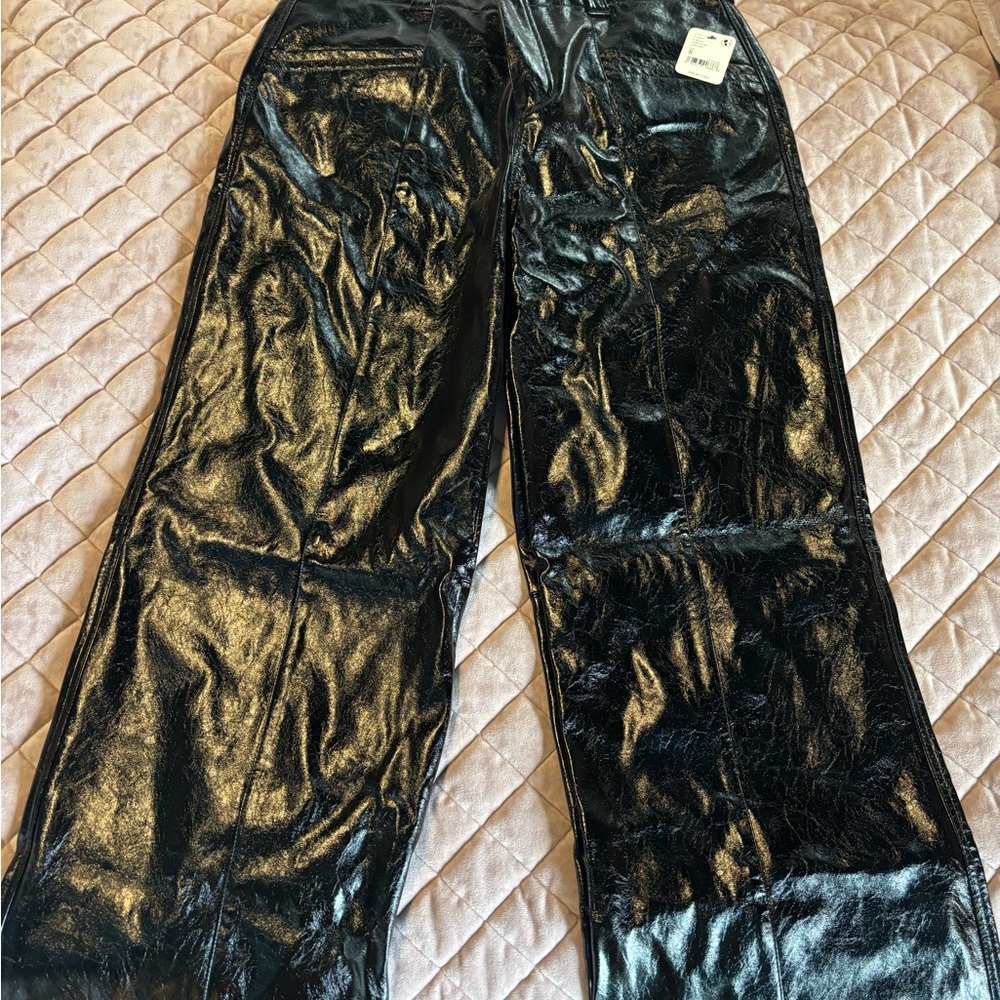 Free People Black Faux Leather Wide-Leg Pants